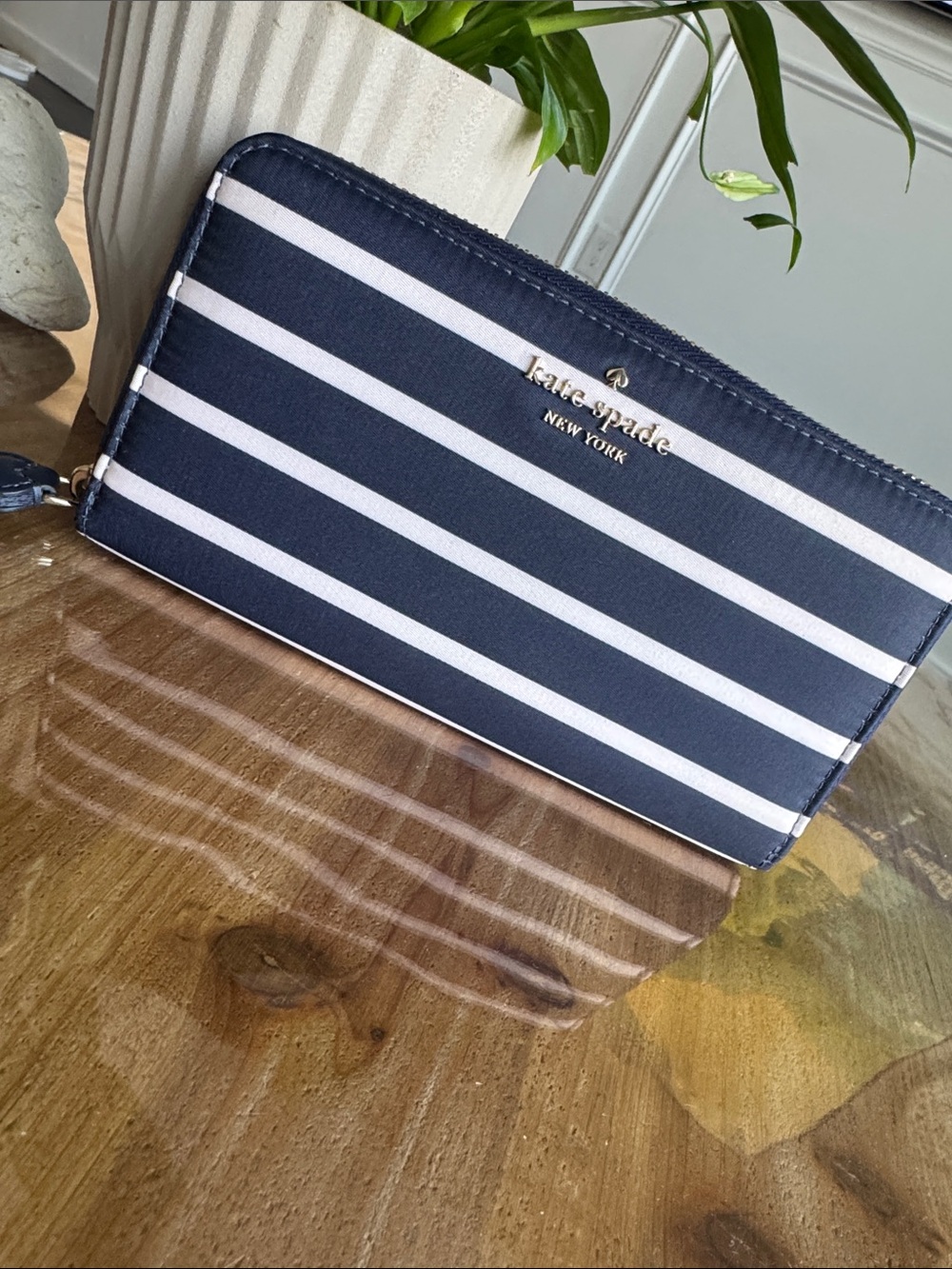 kate spade New York Navy & White Striped Zip Wallet